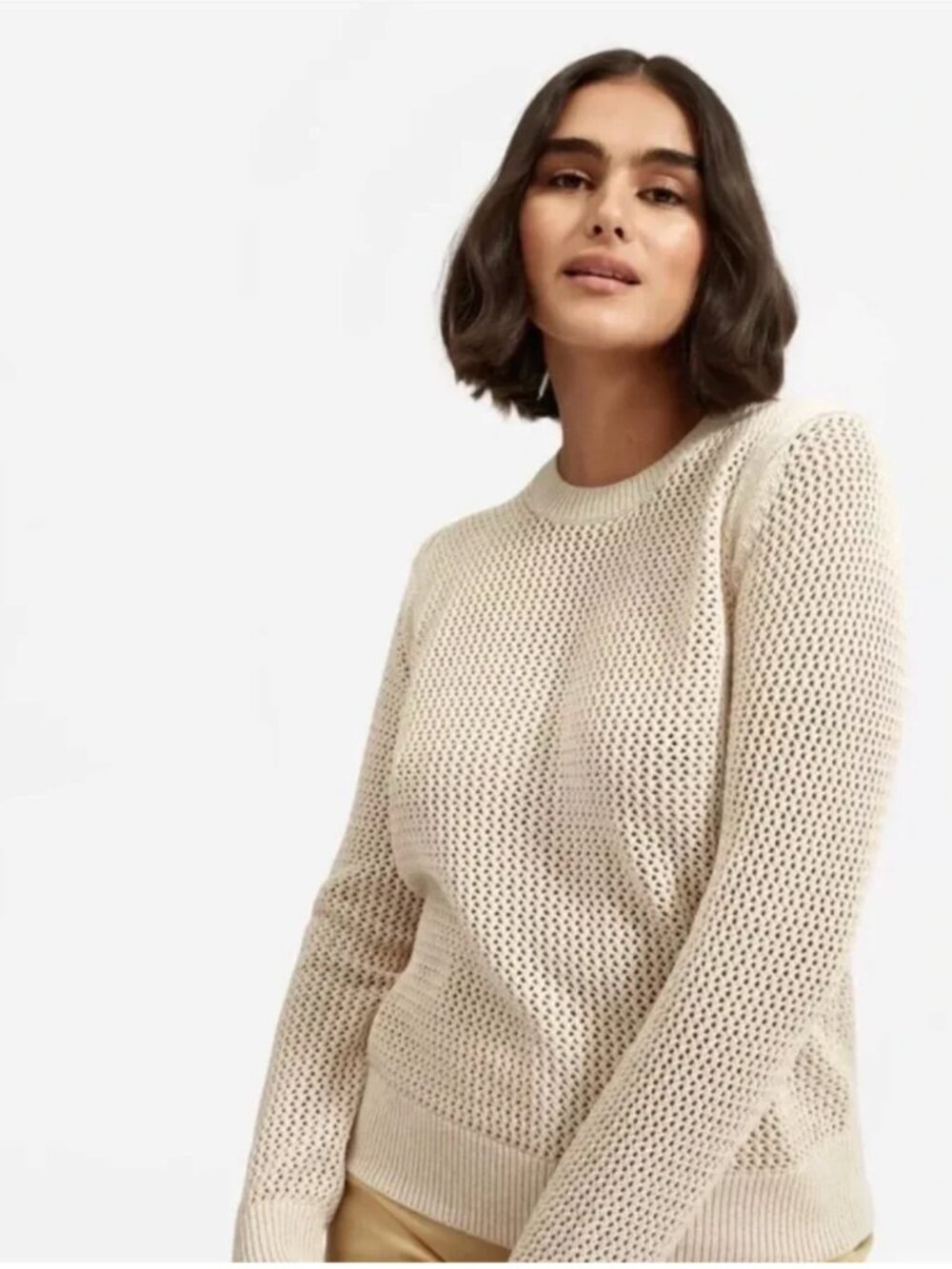 Everlane Open Knit Crochet Sweater Size M Beige Crewneck Long Sleeve Cotton Sz M - Picture 2 of 11